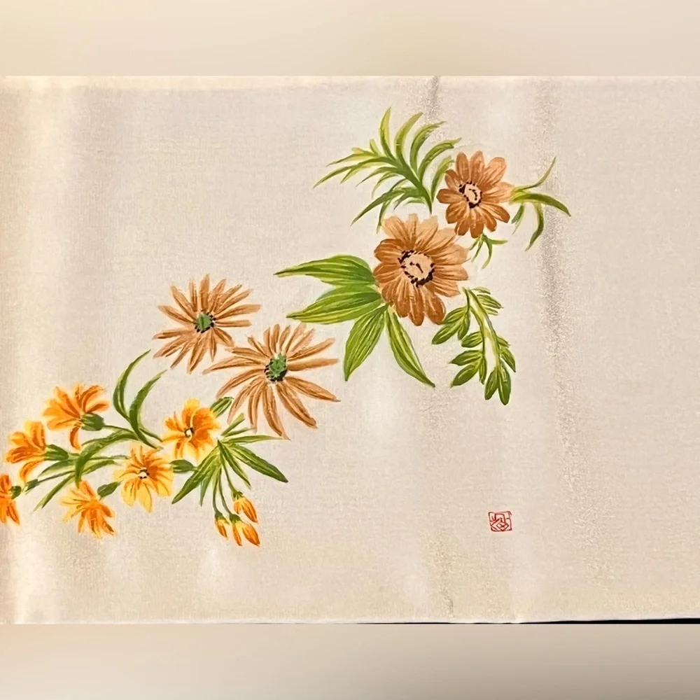 VTG Suzhou Silk Hand Painted Floral Fringe Scarf NIB Wearable Art Boho Cream